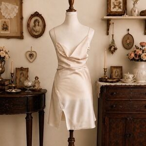 Beige Botany Champagne Satin Cowl Neck Mini Dress Open Back Side Slit Small